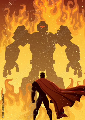 Superhero Versus Robot / Superhero facing giant evil robot. 