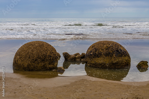 Moeraki boulders at the Pacific ocean beach