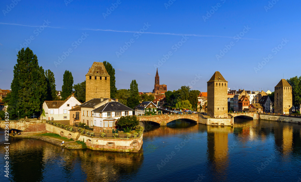 Old historical center of Strasbourg. Fortress towers and briges