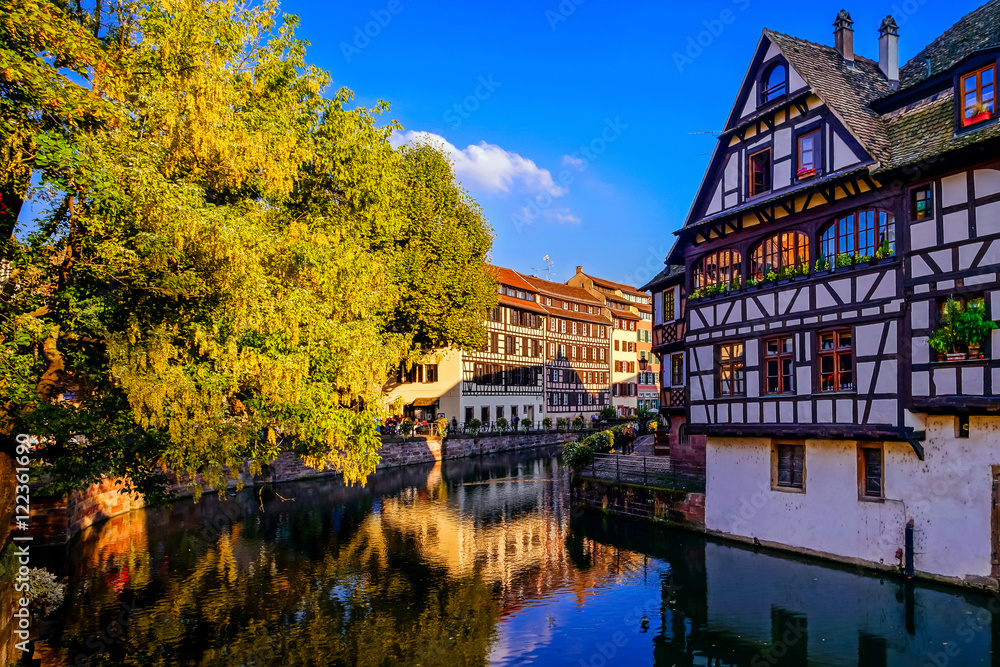 Old center of Strasbourg. Typical alsacien houses on the river.