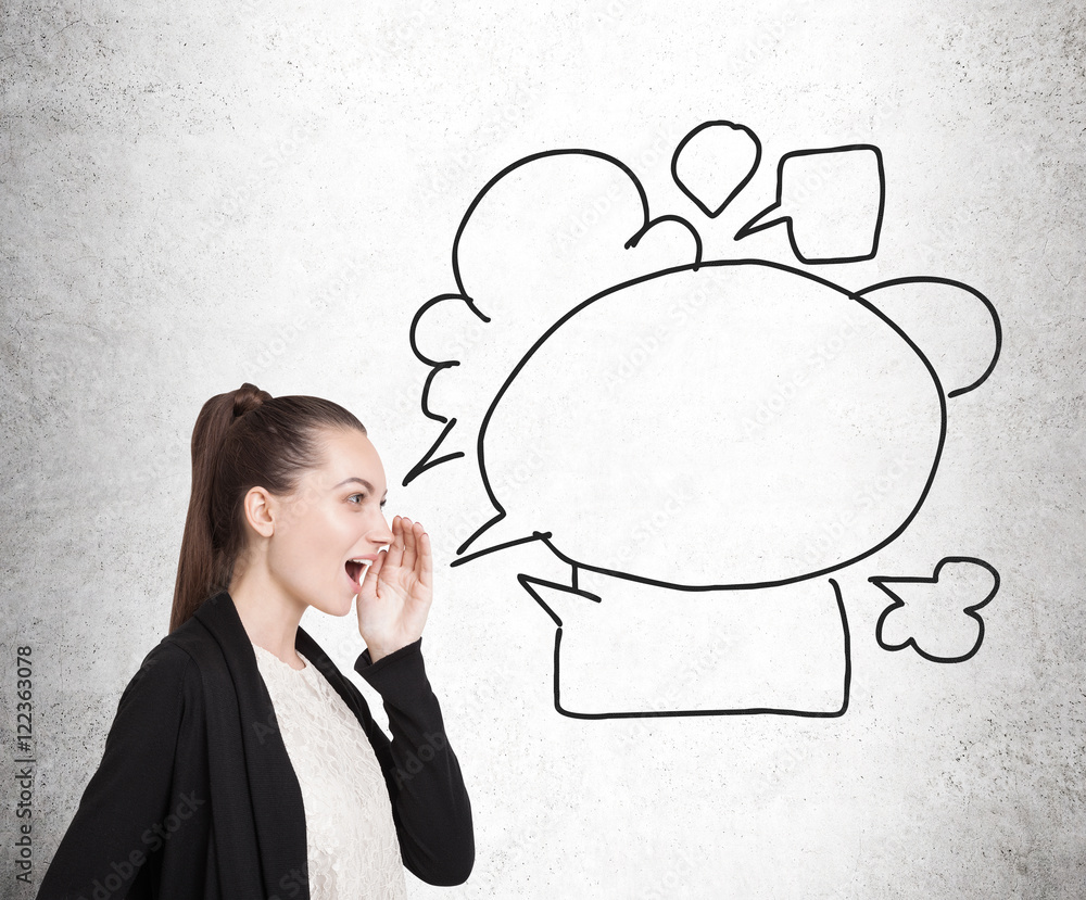 Girl talking with speech bubbles Girl talking with speech bubbles