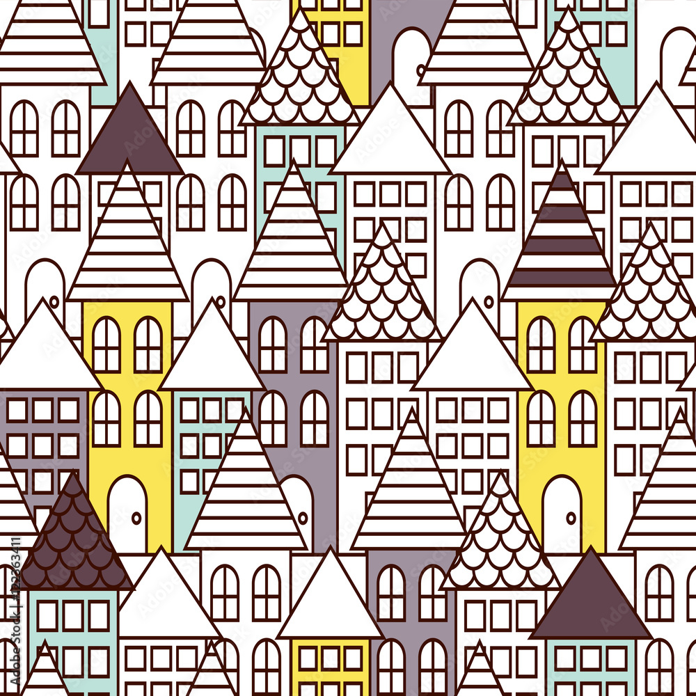 Partially colored outline town seamless vector pattern. City landscape with houses repeat background. Line style coloring page.