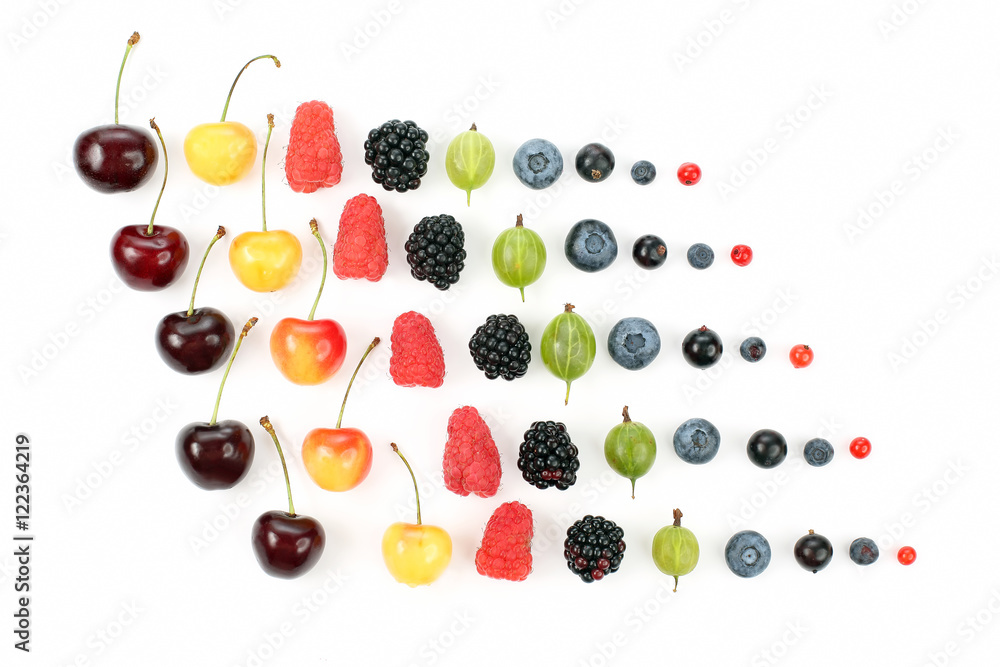 different juicy berries are laid out in rows on a white backgrou different juicy berries are laid out in rows on a white backgrou