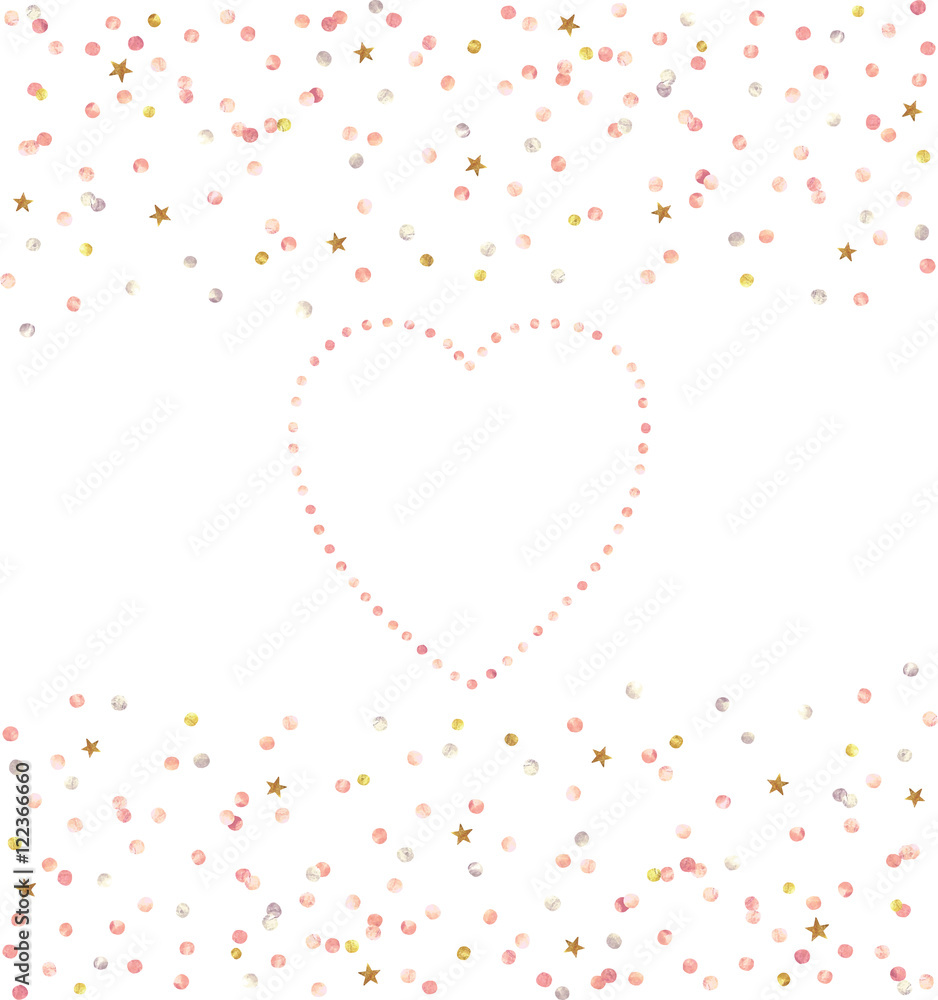 Metallic Foil Dots and Stars Confetti and Pink Heart Frame Vector Set