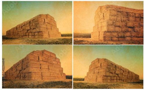 Photo set of retro picture, autumn or summer landscape with haystack at sunset