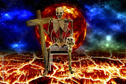 3D skeleton human death hold crosses and darkness