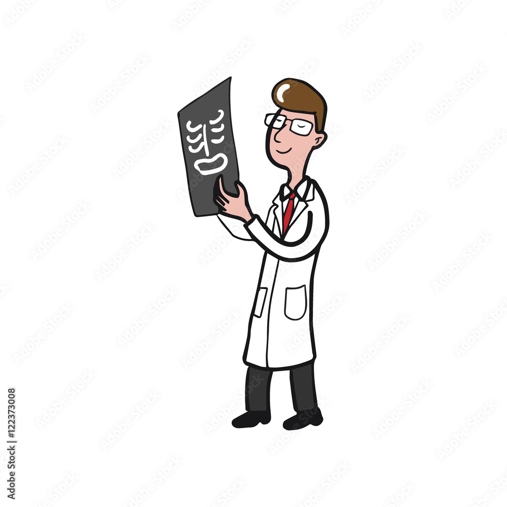 Doctor looking at x-ray film cartoon drawing 2