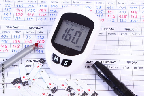 Glucometer and pen on medical form, measuring sugar level