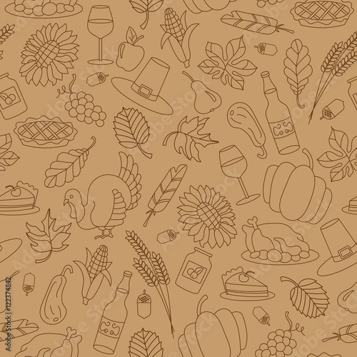 Seamless pattern for holiday Thanksgiving day, a simple hand-drawn contour shape on beige background