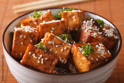 Stir fry tofu with sesame seeds and herbs close-up. horizontal 