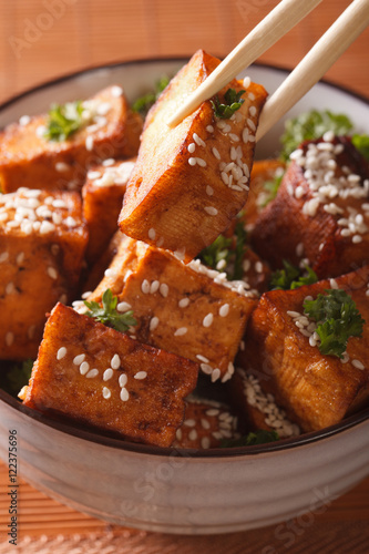Traditional fried tofu with sesame in a bowl macro. vertical
