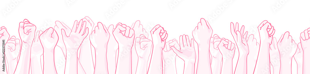 Pink extra wide seamless border with raised hands of many people, support symbol. Vector hand drawn illustration, isolated on white. Design element for October, National Breast Cancer Awareness Month Pink extra wide seamless border with raised hands of many people, support symbol. Vector hand drawn illustration, isolated on white. Design element for October, National Breast Cancer Awareness Month