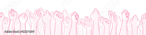 Pink extra wide seamless border with raised hands of many people, support symbol. Vector hand drawn illustration, isolated on white. Design element for October, National Breast Cancer Awareness Month