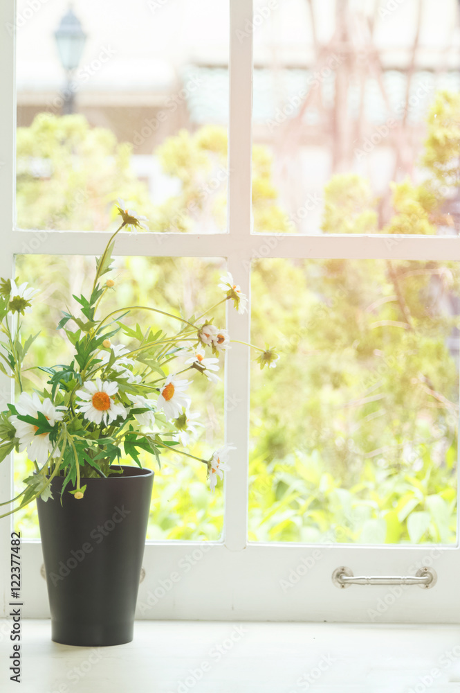 Chamomile bouquet in vase with light from white window Chamomile bouquet in vase with light from white window