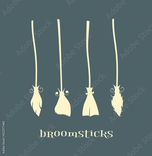 Witches broomsticks icons set. Halloween accessories. vector illustration