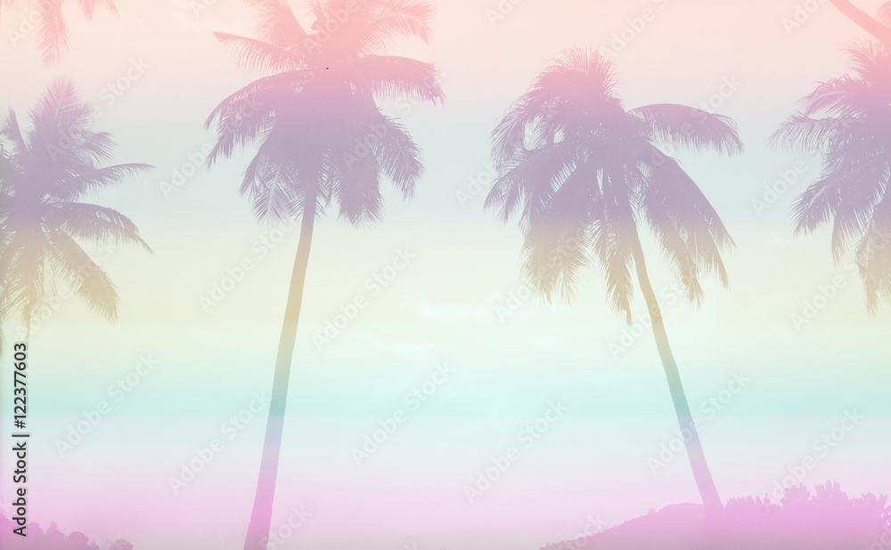 Silhouette of Tropical Coconut Trees or palm tree at the Island background, vintage filter color