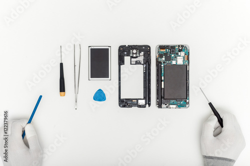 mobile phone parts and repairing tools, technician workspace