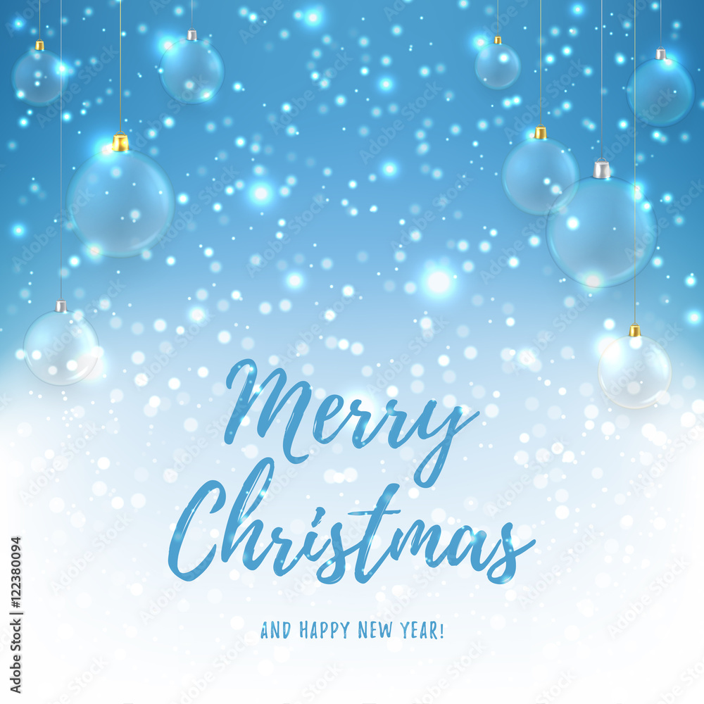 Blue Christmas background with glass balls. Vector illustration for xmas design. Elegant Happy New Year backdrop with snow and shining light.
