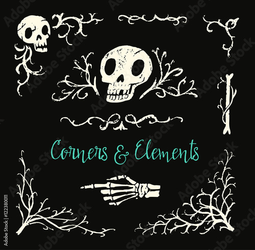 Spooky skulls, bones and branches. Halloween decoration graphic elements. Hand-drawn objects. Vector illustration.