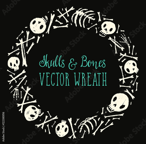 Spooky skulls and bones circle wreath. Halloween hand-drawn decoration. Vector illustration.