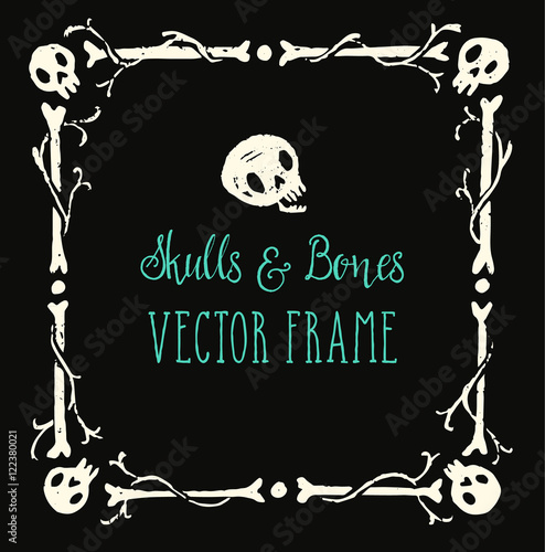 Spooky skulls and bones frame. Halloween hand-drawn decoration. Vector illustration.