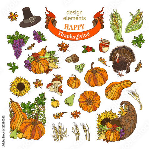 Vector set of Thanksgiving design elements isolated on white background.