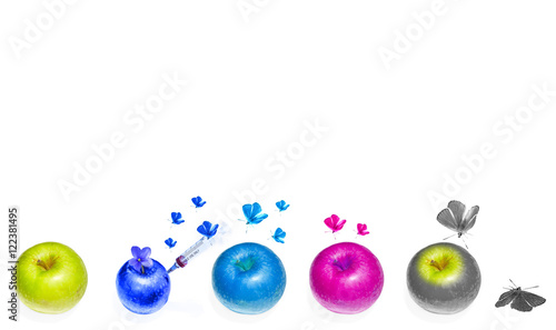 Abstract representation of danger food: Genetically modified apples injected with syringe with soft shadow and genetically transformed butterfly groups on white background