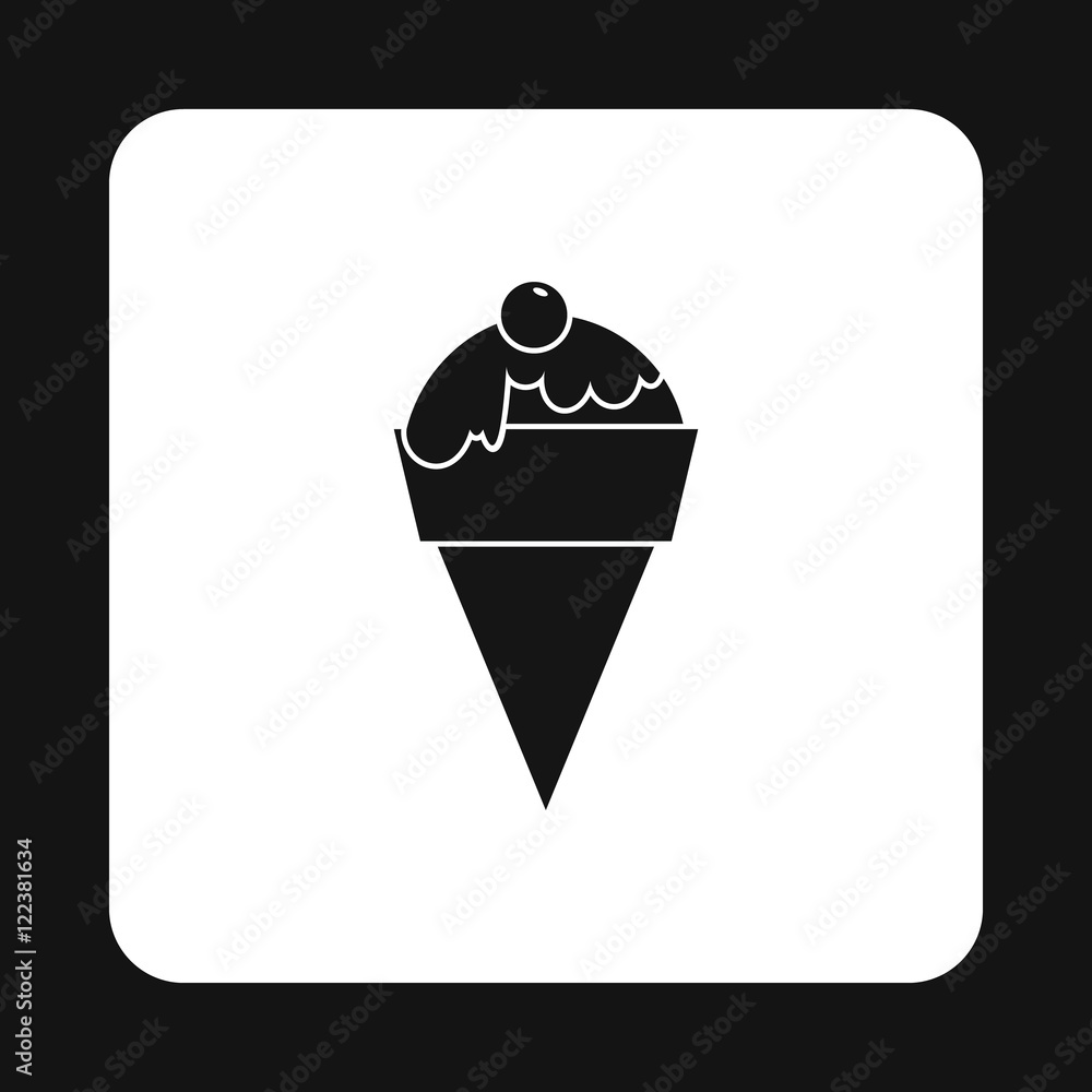 Ice cream cone with cherry icon in simple style isolated on white background. Sweets symbol Ice cream cone with cherry icon in simple style isolated on white background. Sweets symbol