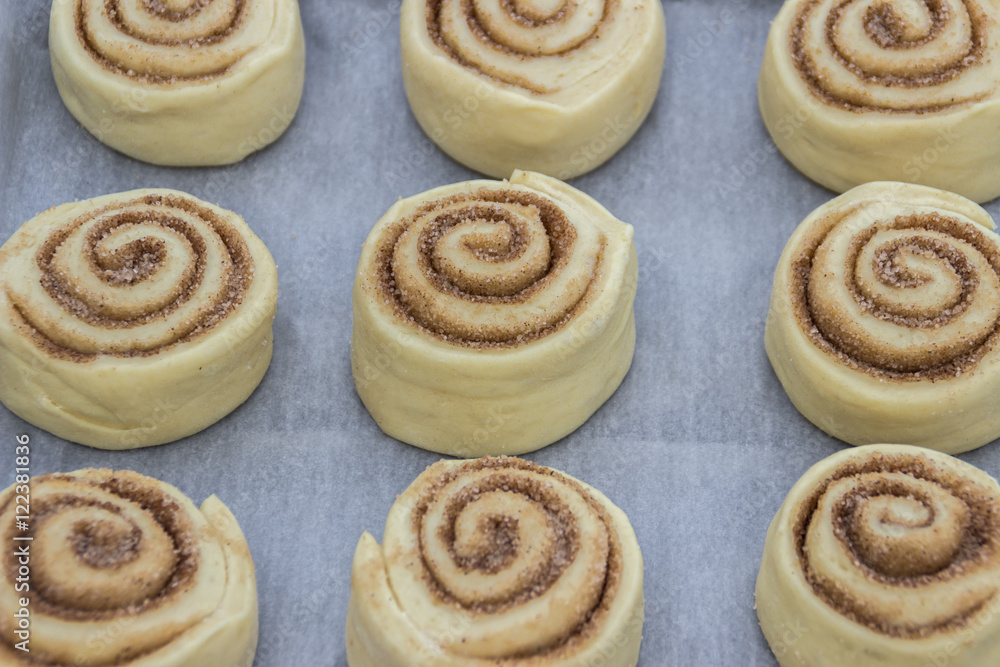 Beautiful and uncooked cinnamon buns with cinnamon