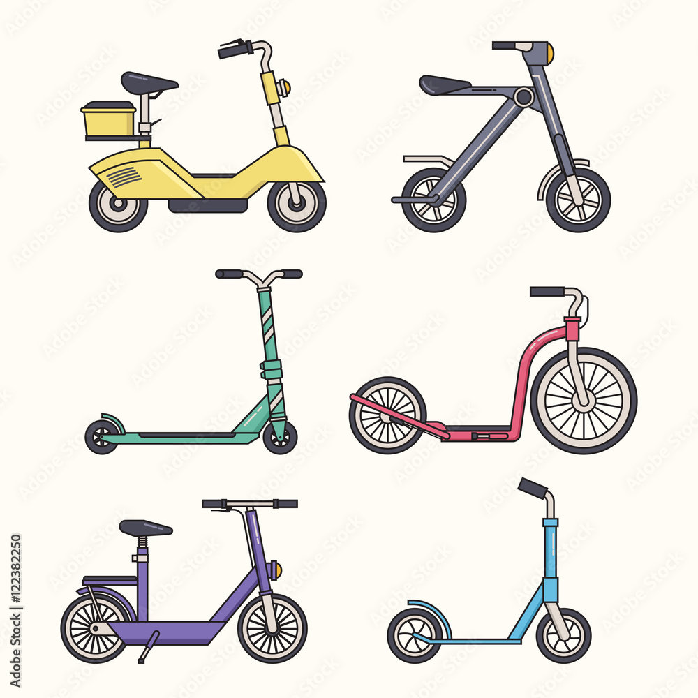 Vecteur Stock Kick scooter set. Balance bikes. Various scooters eco  alternative city transport. Thin line design biking and rolling wheels.  Vector push scooter and electric scooter collection. Urban green vehicles.  | Adobe