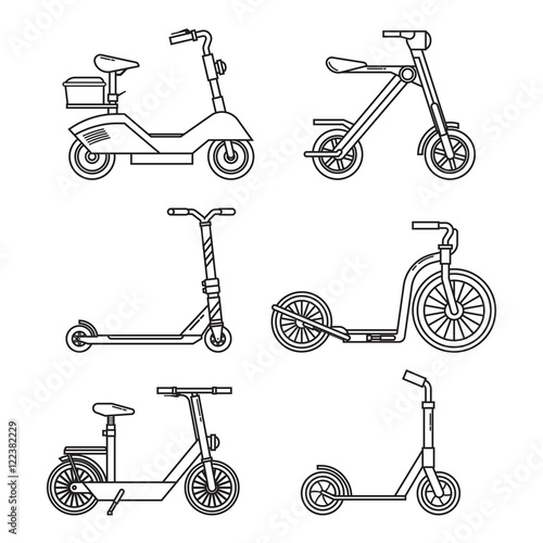Kick scooter set. Balance bikes. Various scooters eco alternative city transport. Thin line design biking and rolling wheels. Vector push scooter and electric scooter collection. Urban green vehicles.