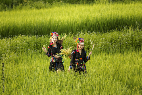 Fotografia Tribal Girls happy smiling in rice fields.