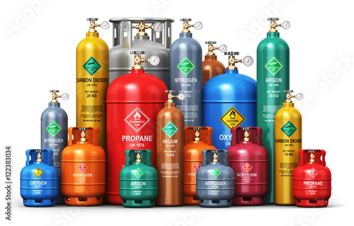 Set of different industrial liquefied gas containers photo