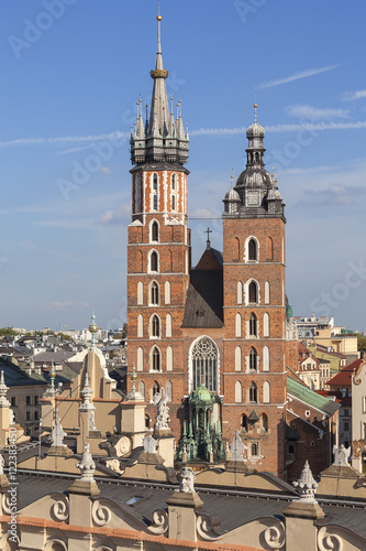 Towers of St. Mary's Basilica on Main Market Square, Krakow, Poland