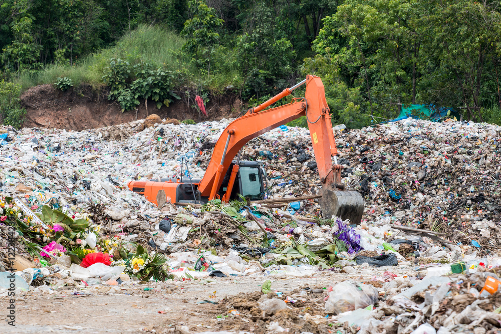 Excavators are management of garbage in the garbage dump.In thailand