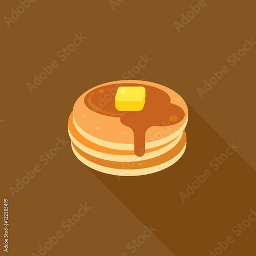 pancake icon, pancake with syrup and butter on top illustration, flat design with long shadow