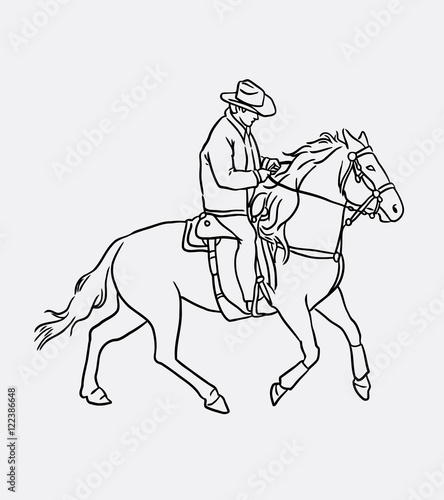 Fototapeta Naklejka Na Ścianę i Meble -  Cowboy riding horse sketch. People activity artistic drawing, Good use for symbol, logo, web icon, mascot, or any design you want.