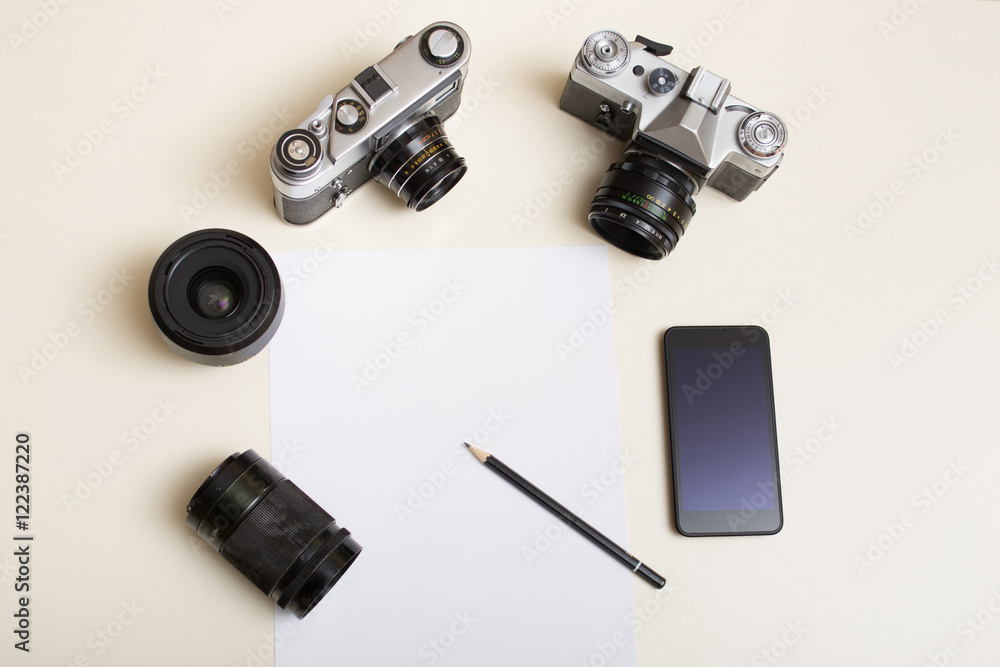 Photo set on a table. Top view Photo set on a table. Top view