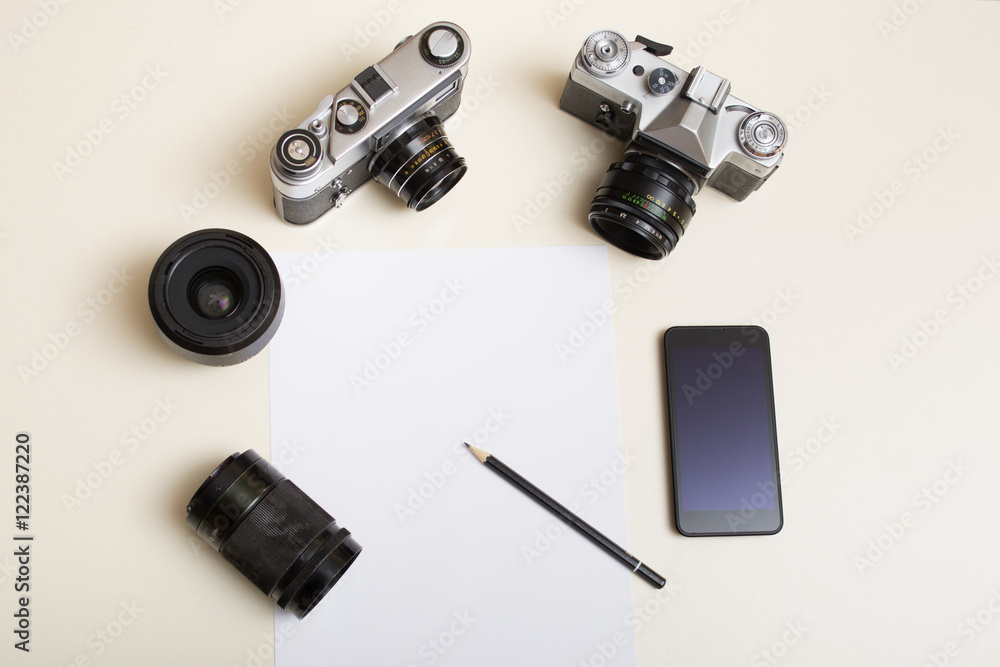 Photo set on a table. Top view