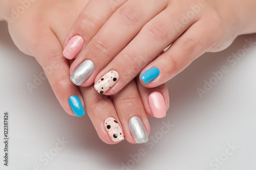 delicate  color  pink  silver  blue  celestial  beige manicure with black - white polka-dot nail on the nameless soft square shape