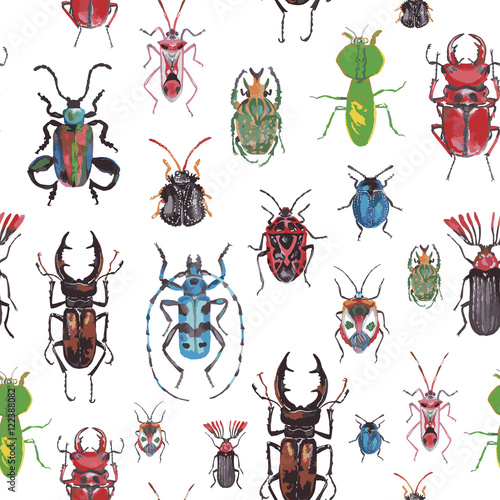 seamless pattern with beetles on a white background