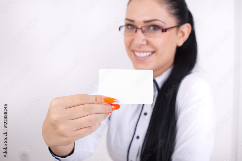Pretty woman showing business card Pretty woman showing business card
