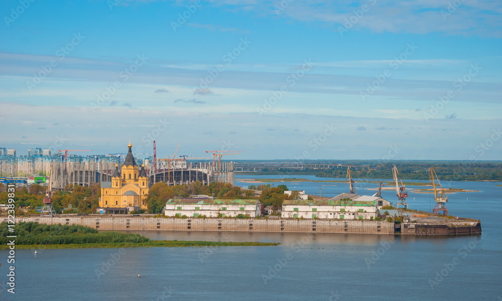 View of the waterfront city of Nizhny Novgorod and merge Oka and Volga rivers