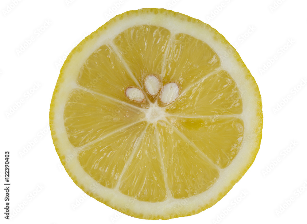 sliced lemon with three pits isolated on white background sliced lemon with three pits isolated on white background