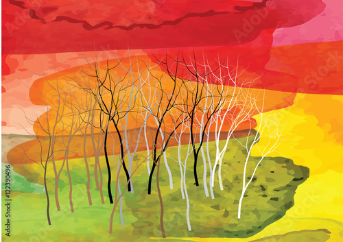Abstract background with forest and tree to show season change ,vector watercolor brush design ,vector illustration ,invite card