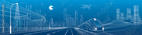 Automotive flyover, architecture and infrastructure panorama, transportation overpass, train move on the railway, business center, night city, towers and skyscrapers, urban scene, vector design art