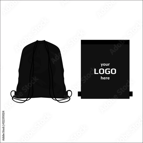 Drawstring sport bag black color, place for logo isolated vector