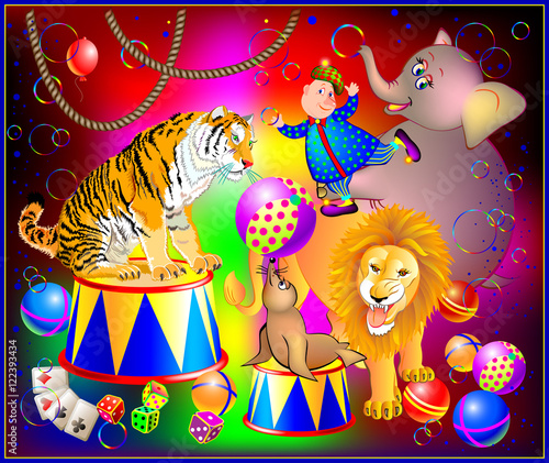 Illustration of fantasy circus performance with animals and merry clown for colorful poster. Vector cartoon image.