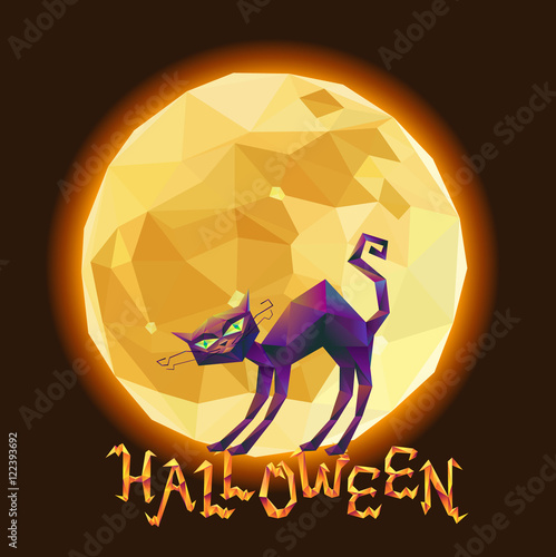 halloween cat on a background of the moon. Halloween letter word