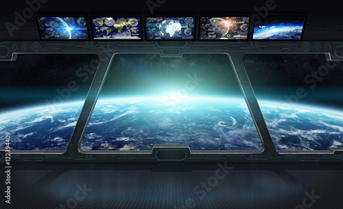 Fototapeta Naklejka Na Ścianę i Meble -  View of planet Earth from inside a space station 3D rendering el